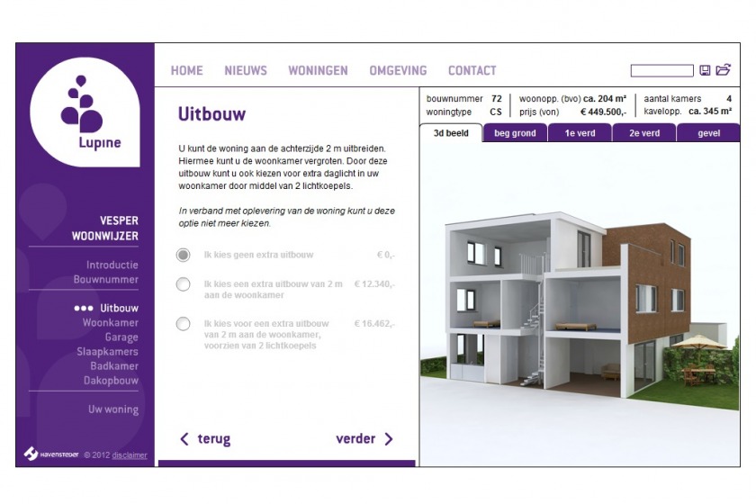 HOYT architect multimedia web applicatie woonwijzer woning configurator woning samenstellen klikken opties uitbouw nieuwbouw project Lupine Vesper Rotterdam Schiebroek